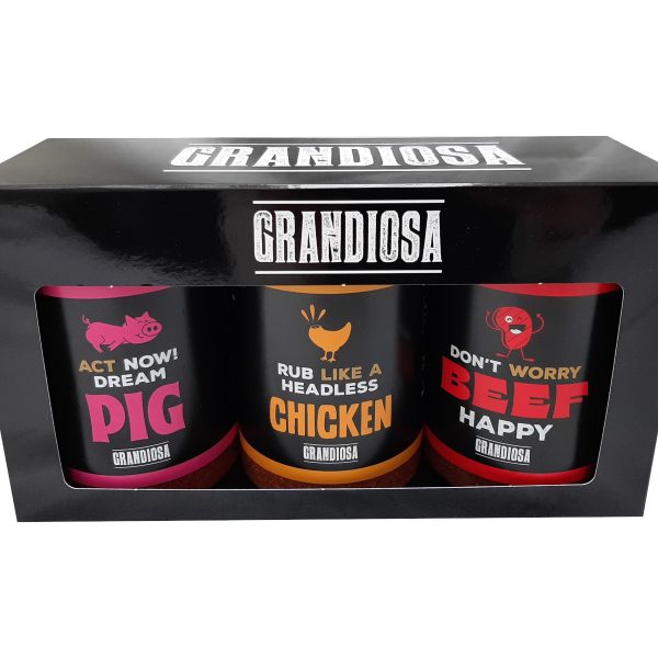 Grandiosa BBQ cadeau – BBQ rubs trio – varken – kip – rund – 3x 275 gram